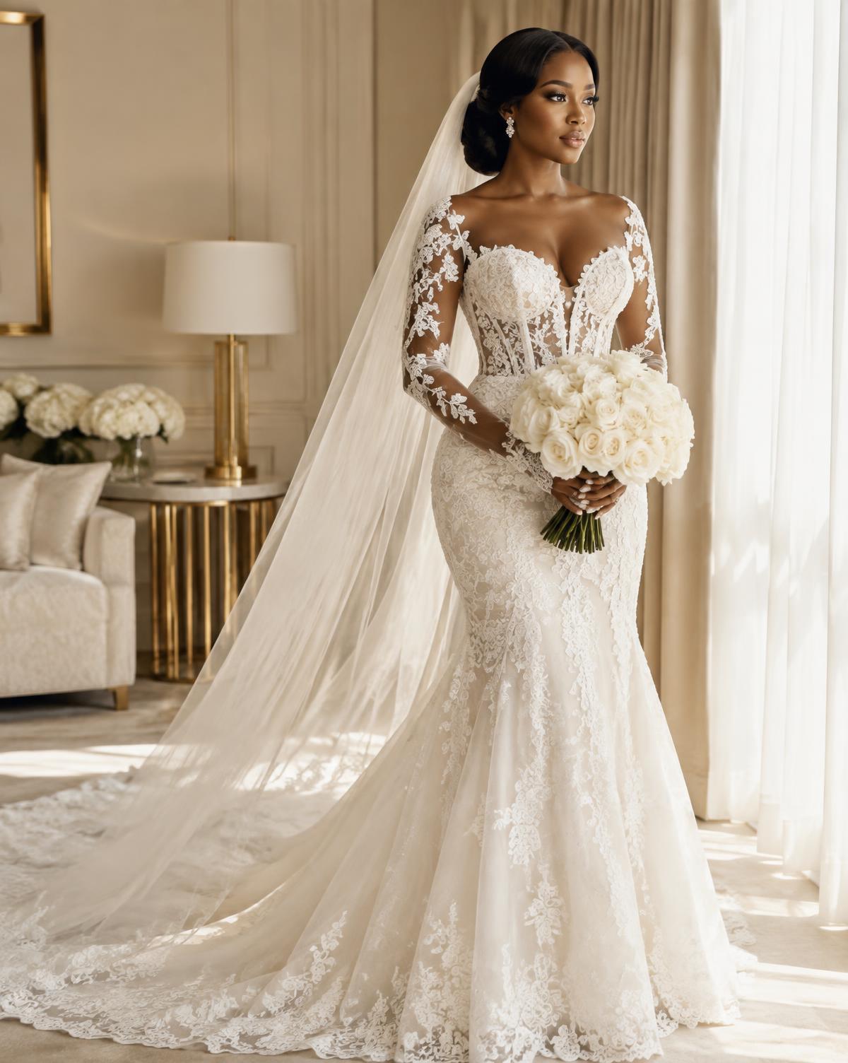 Bride in a lace wedding gown with long veil designed by Vickky World Fashion