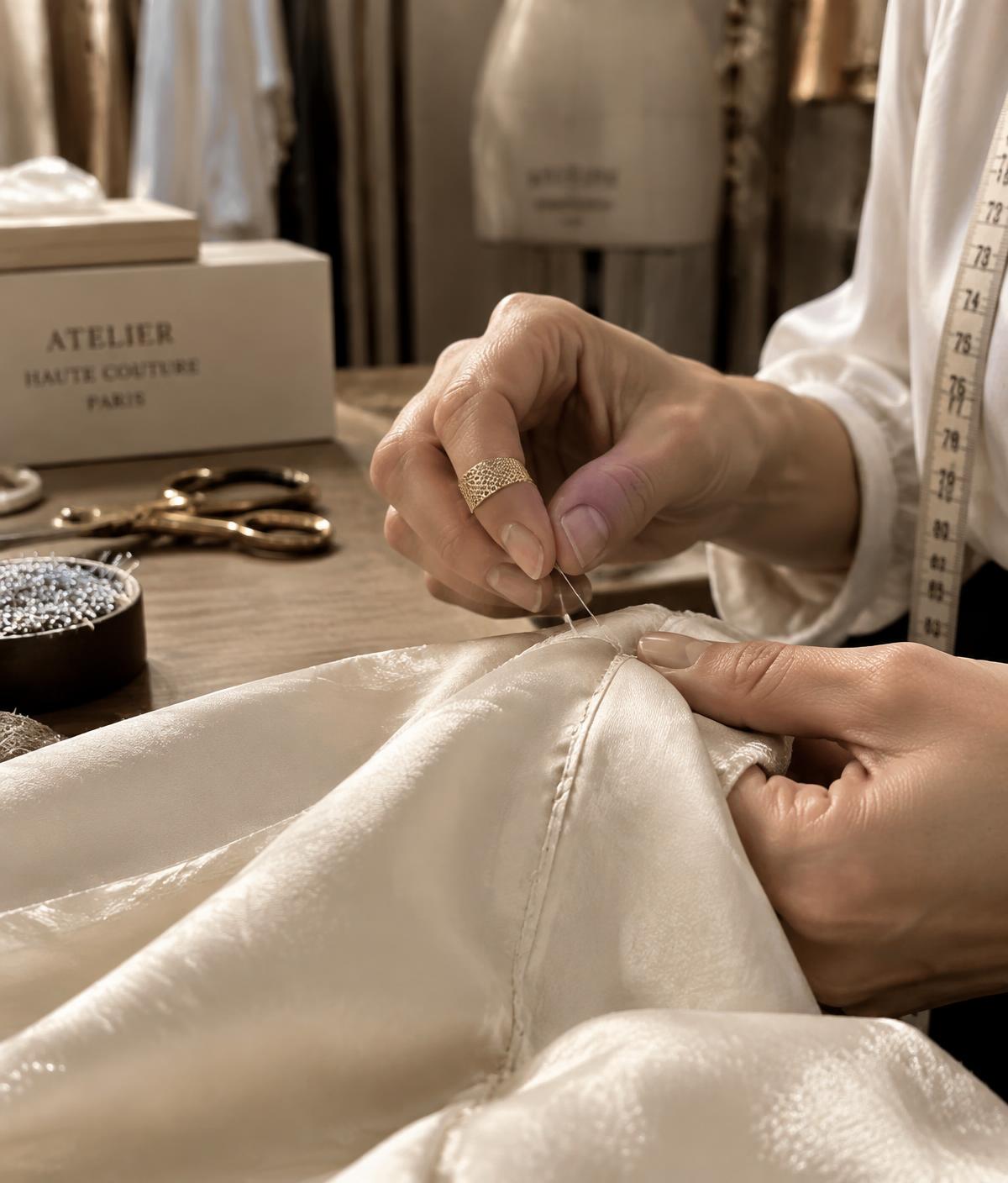 Hands hand-stitching ivory fabric in a tailoring atelier with measuring tape and gold scissors
