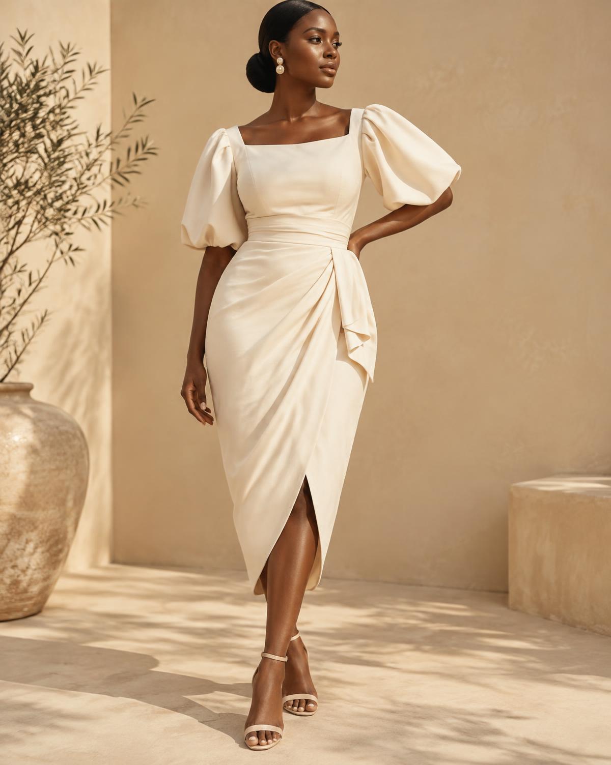 Woman wearing an elegant cream custom-made midi dress by Vickky World Fashion