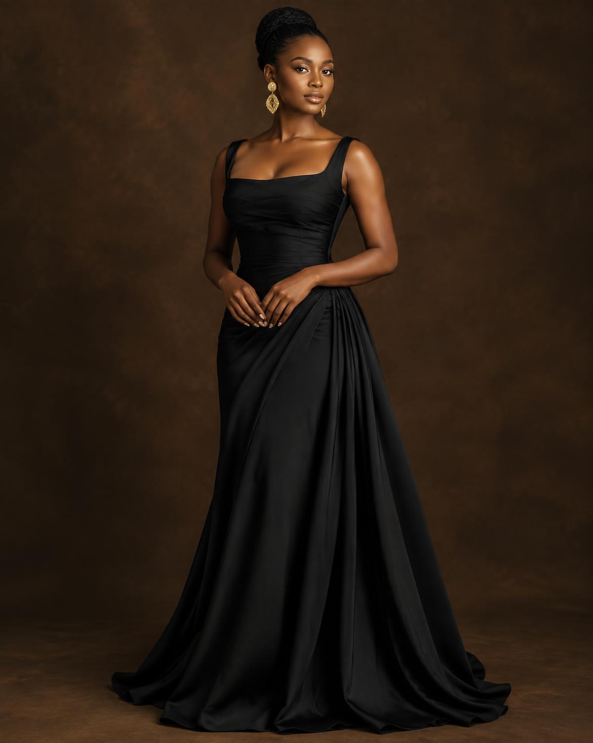 Woman in a flowing black evening gown with gold earrings