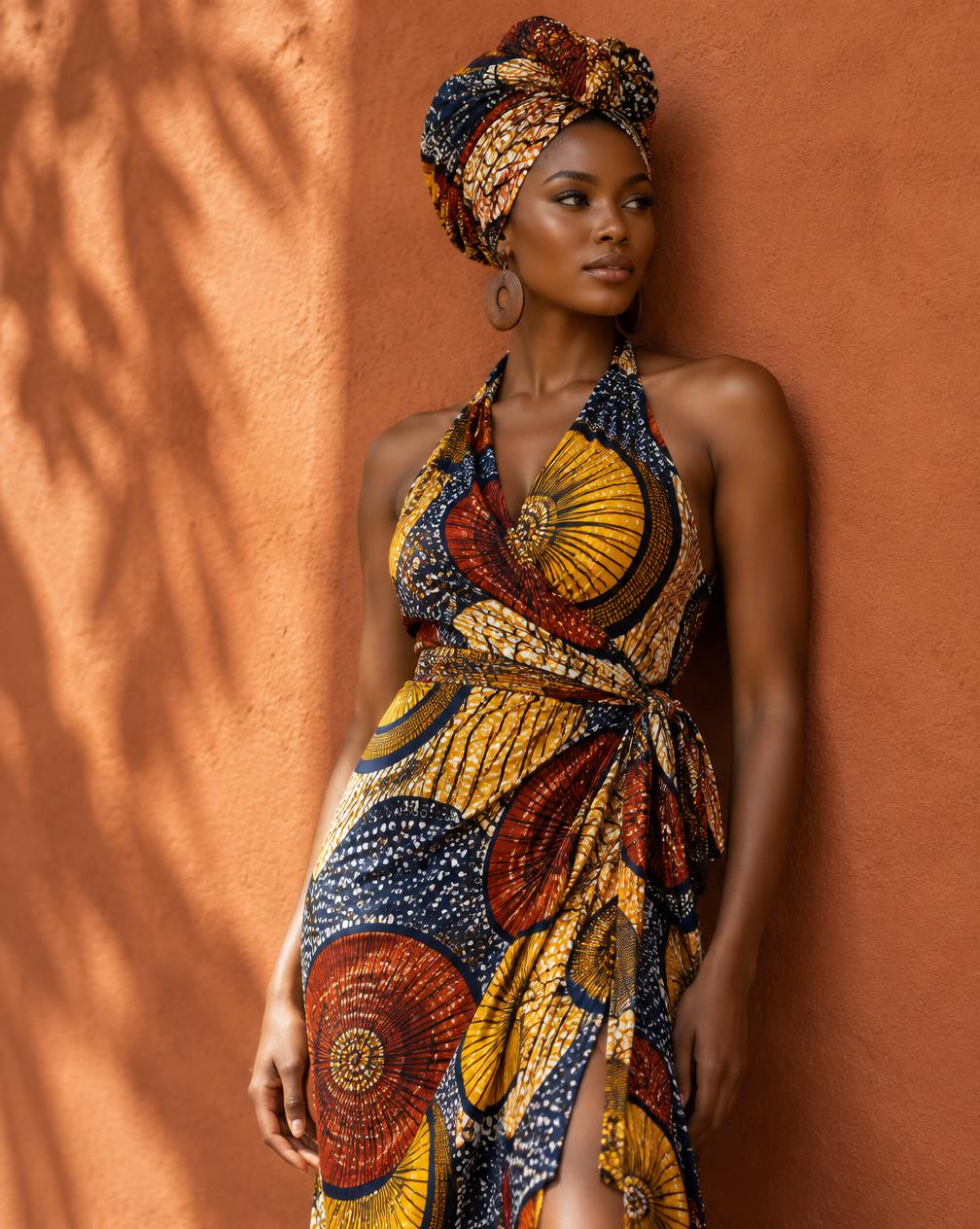African print wrap dress with matching head wrap