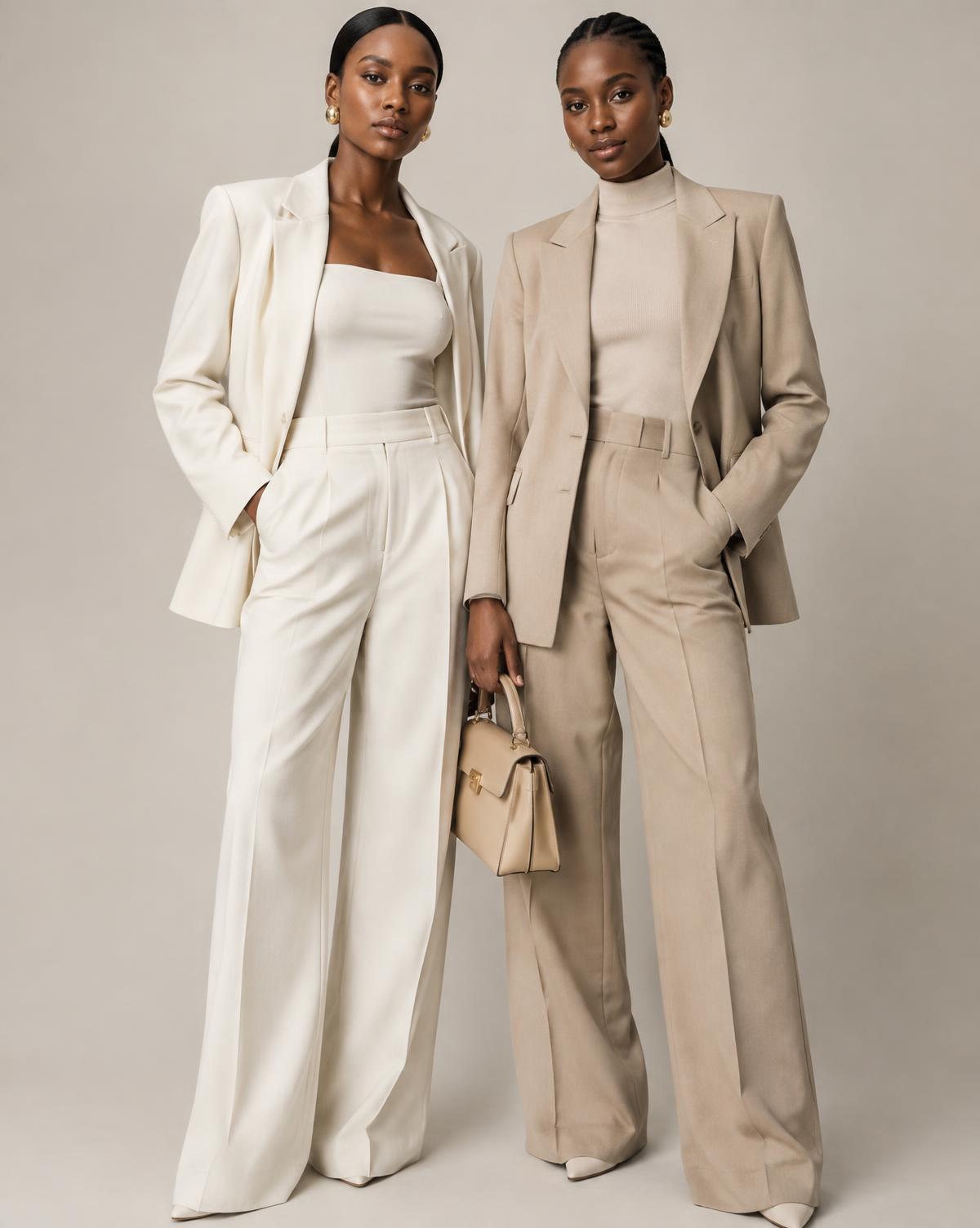 Two women in coordinated ivory and beige tailored outfits
